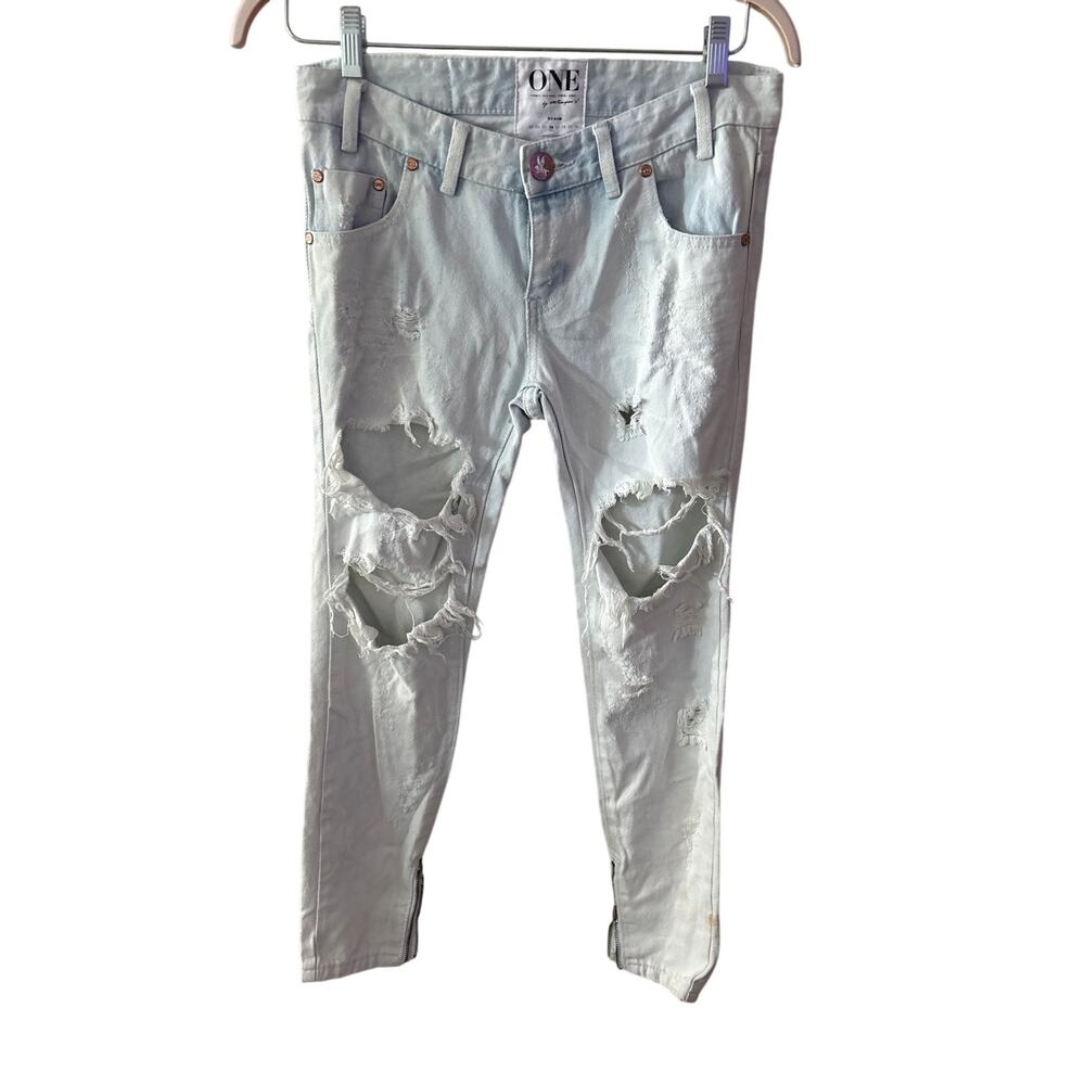 One Teaspoon Sz 26 Light Wash Distressed Ripped Low Waist Zip Hem Denim Jeans